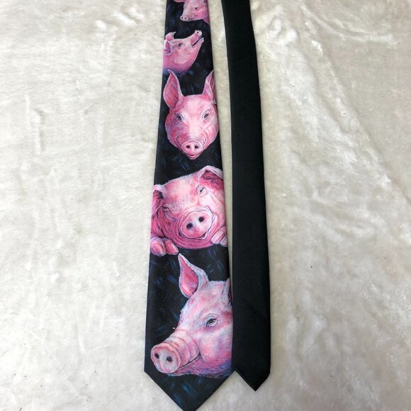 Ralph Marlin Blaine Heilman Vintage 1989 Black & Pink Pig Tie - Picture 2 of 6